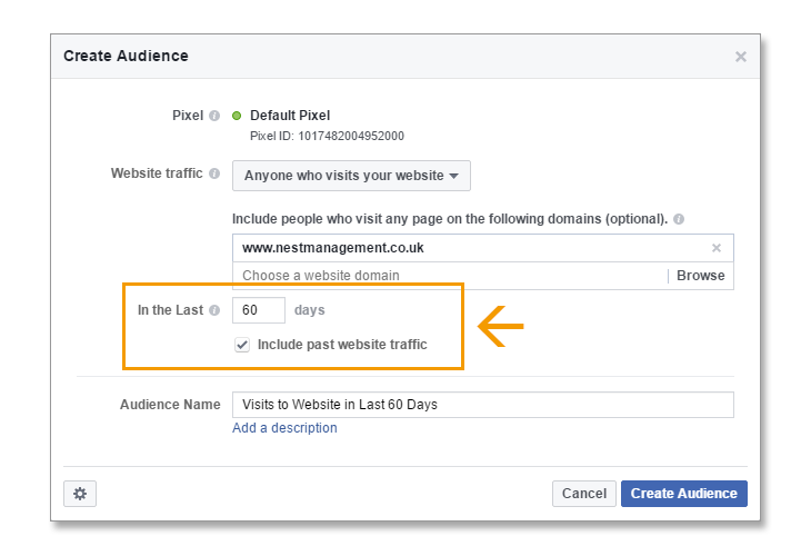 Time frame audience option for Facebook Business Manager